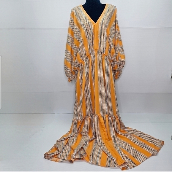 Taylor Maxi Dress 20W V Neckline 3/4 Sleeve Geometric Orange Pockets Plus Size - Picture 1 of 11